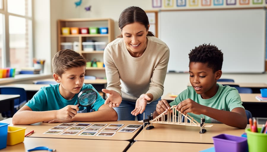Teacher assisting two middle-school students at a classroom table, one examining image cards with a magnifying glass and the other constructing a small craft-stick bridge, in soft natural light with a blurred classroom background.