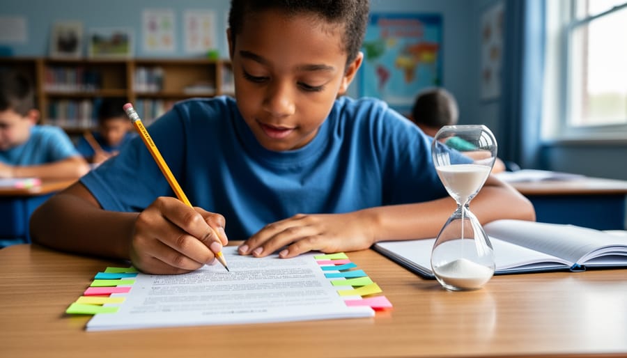Middle school student at a classroom desk marking a passage with colored sticky tabs and a pencil, hourglass on the desk, soft daylight, blurred classroom background.