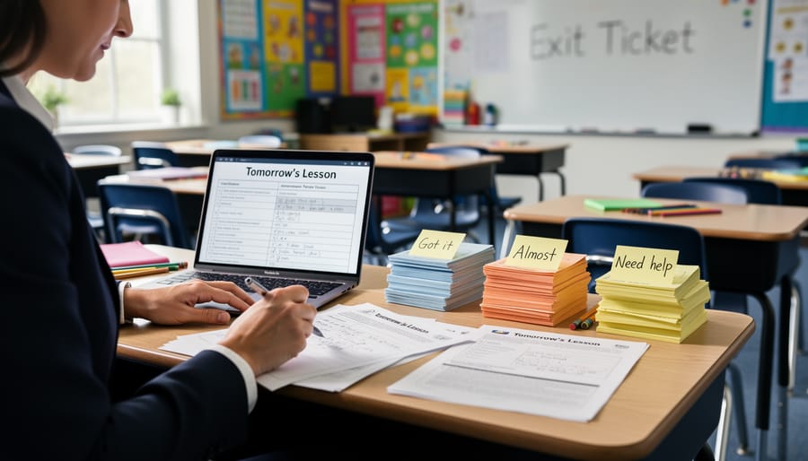 Teacher organizing completed exit tickets into groups based on student responses