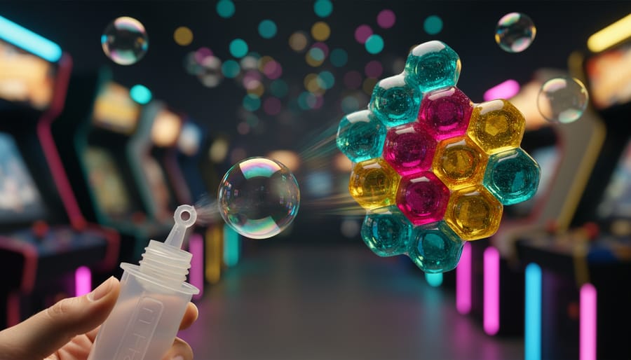 Close-up of a glossy bubble launching toward a honeycomb cluster of multicolored bubbles, with soft studio lighting and blurred arcade-like background.