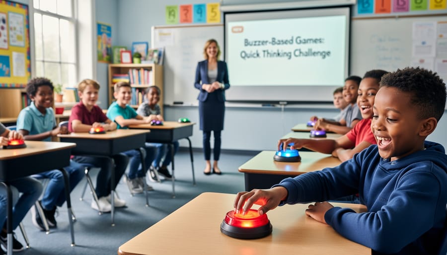 Teacher leading fast-paced buzzer game with excited high school students