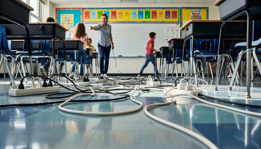 Overhead view of messy tangled power cables scattered across classroom floor