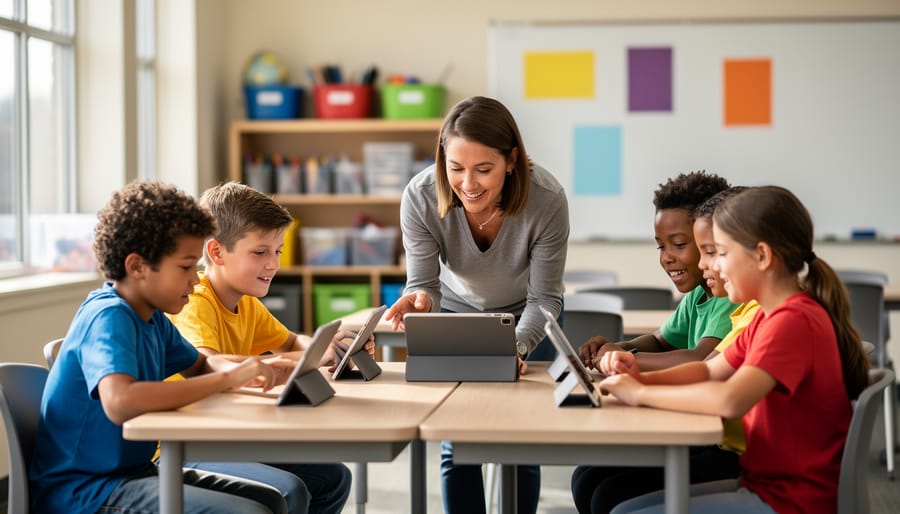 Teacher guiding a diverse group of middle school students collaborating on tablets at a classroom table, with soft natural light and a blurred whiteboard and shelves in the background; no text visible on screens.