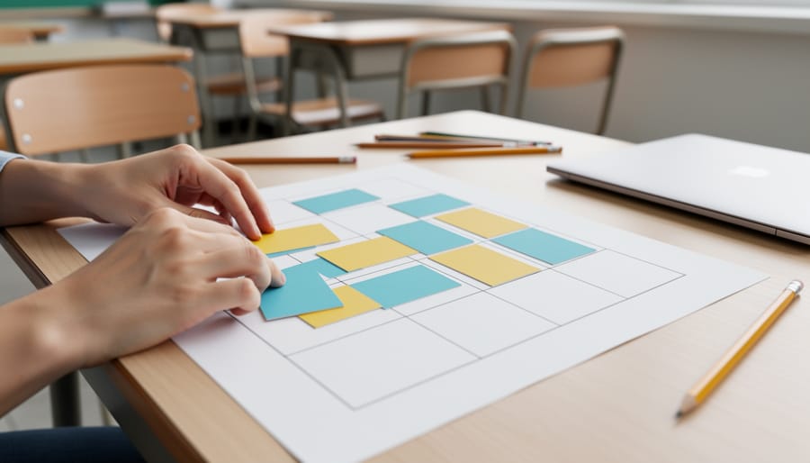 Teacher’s hands arranging colorful rectangular cards on a printed grid layout on a classroom table, with blurred desks, pencils, and a laptop in the background; no visible text or numbers.