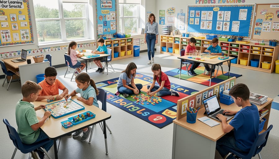 Overhead view of classroom with students working in pairs at individual game stations