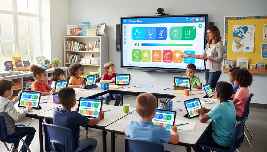 Students participating in interactive classroom game displayed on large screen with colorful split-screen layout