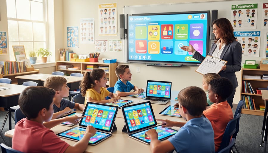 Group of students collaborating around educational game on laptop in classroom