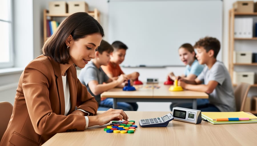 Teacher at a classroom desk assessing review game value with a calculator beside colorful game pieces and a small timer, students collaborating around game buzzers in a softly blurred background under natural window light.