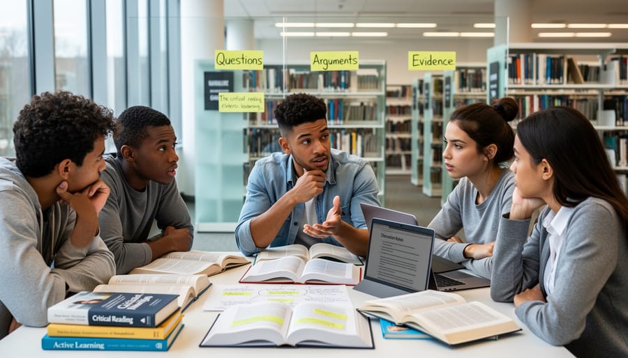 High school students engaged in collaborative critical reading discussion in classroom