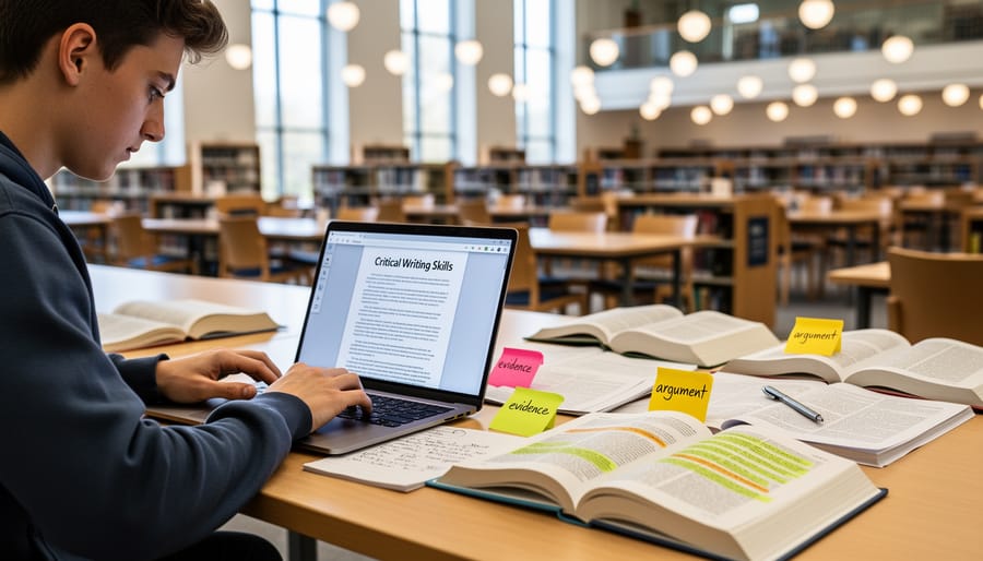 Student writing analytical essay with textual evidence and annotations