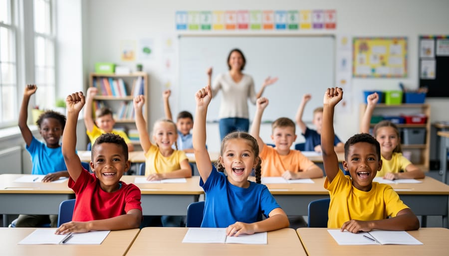 Diverse elementary students at grouped desks raising their hands during an interactive classroom activity, with a smiling teacher in the background under soft natural light in a modern classroom.