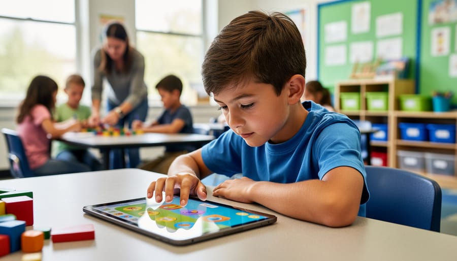 Ten-year-old student concentrating on a tablet game at a classroom table, with classmates rotating through stations and a teacher assisting in a softly blurred background under natural daylight.