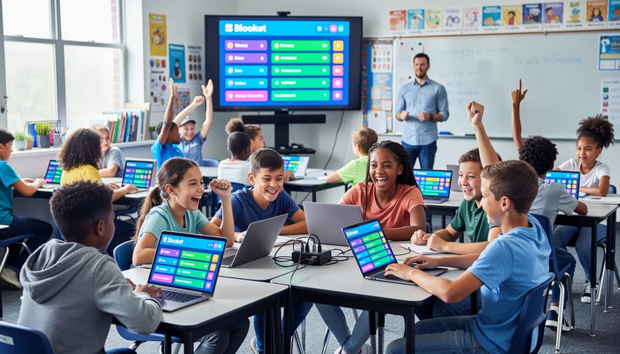 Elementary students with raised hands excitedly participating in classroom game activity