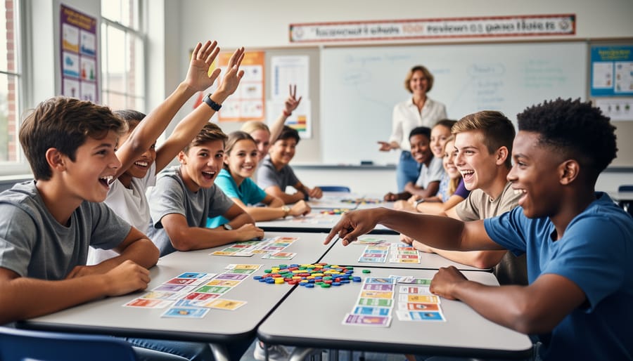 Enthusiastic elementary students raising hands during interactive classroom activity