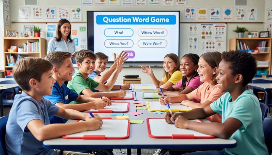 Diverse elementary students enthusiastically raising hands during classroom activity