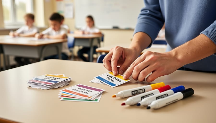 Teacher arranging small laminated cards, cut paper slips, and dry-erase markers on a classroom desk with blurred students and a whiteboard in the background.