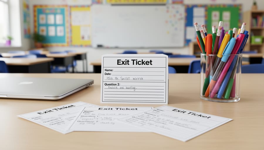 Teacher's hands holding stack of colorful printed exit ticket templates at classroom desk