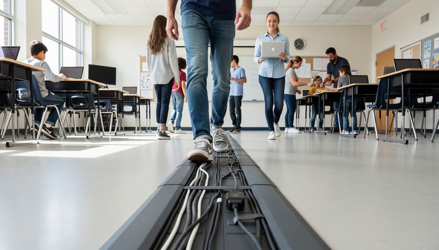 Yellow rubber floor cable cover protecting power cords as students walk safely over them