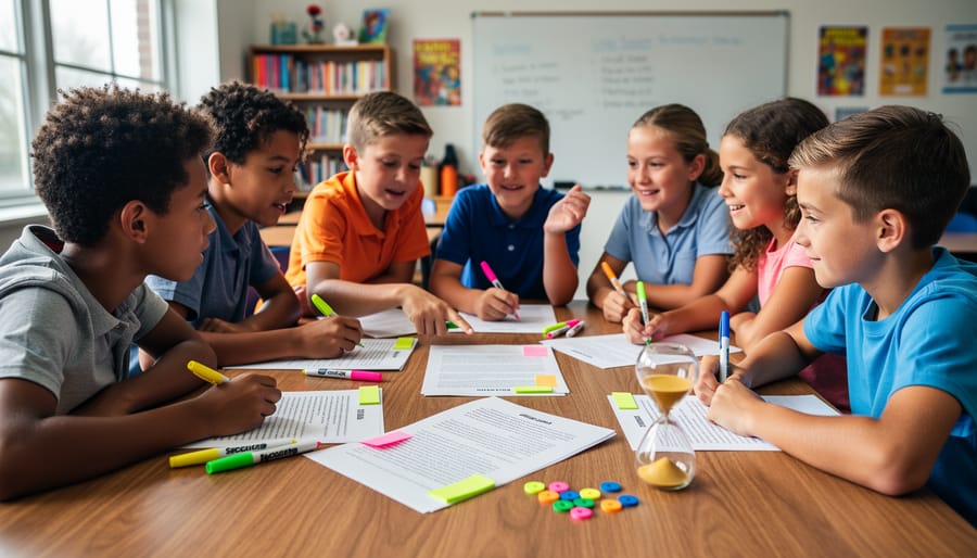 Overhead three-quarter view of diverse students around a classroom table annotating printouts with colored tabs and highlighters, with game tokens and a sand timer; blurred whiteboard and bookshelves in the background.
