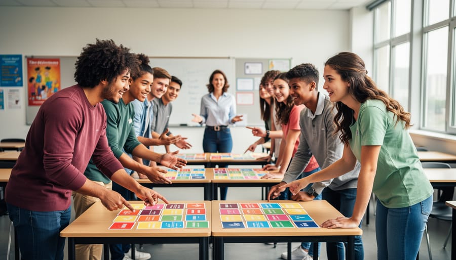 Diverse high school students work in small teams during an active learning game, collaborating around colored cards as a teacher facilitates in a bright classroom; foreground in sharp focus with softly blurred desks and whiteboard behind.