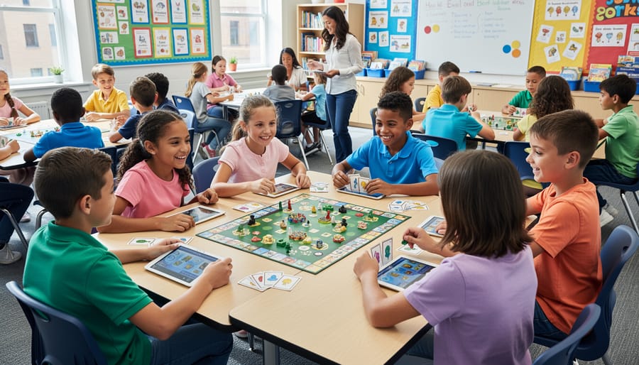 Diverse group of students collaborating together during classroom game activity