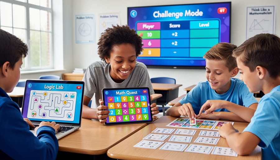 Student hands interacting with educational math game on tablet device