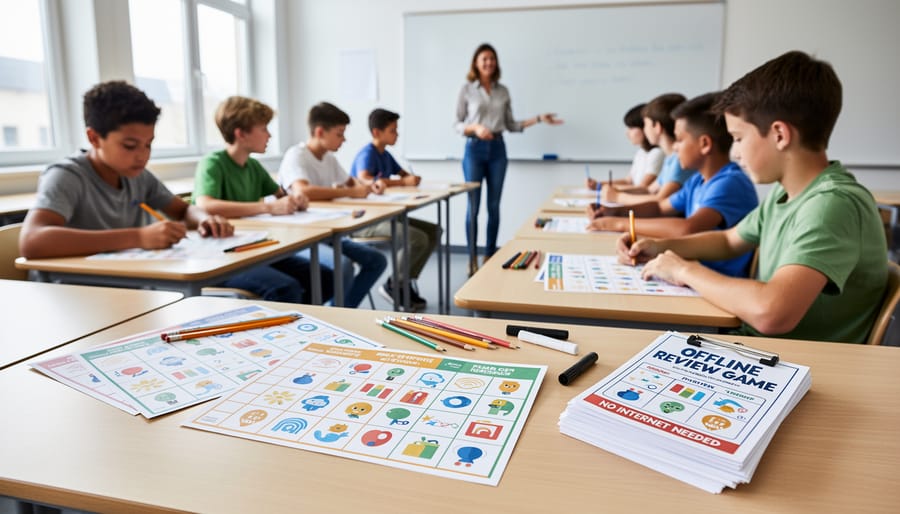 Students participating in offline classroom game displayed on projector screen