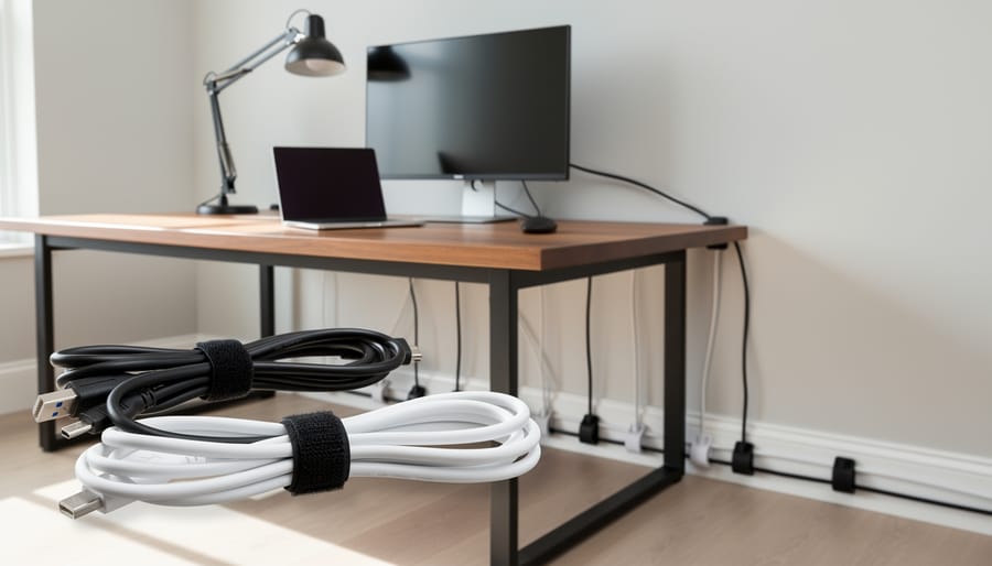 Neatly organized electrical cables secured with velcro ties and clips along desk edge