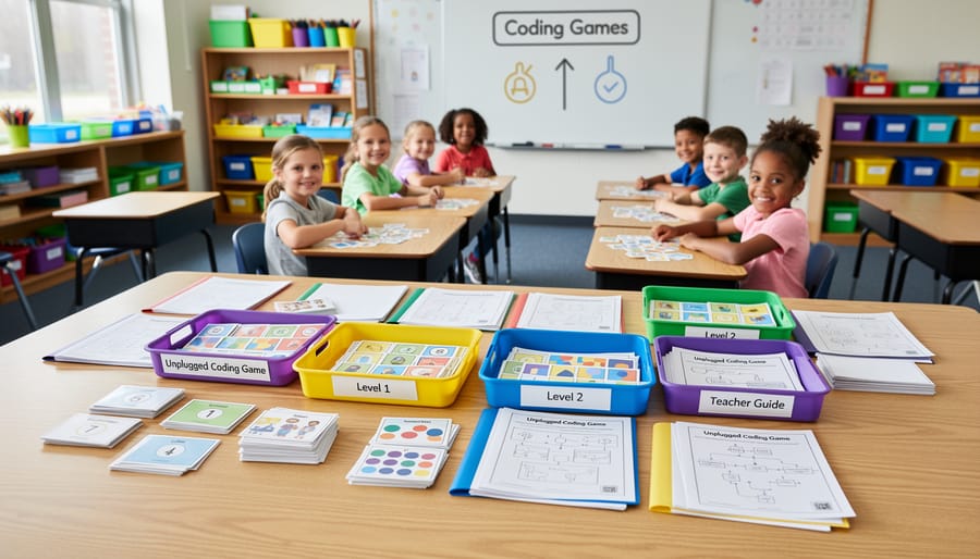 Organized storage bins containing laminated coding game components and materials