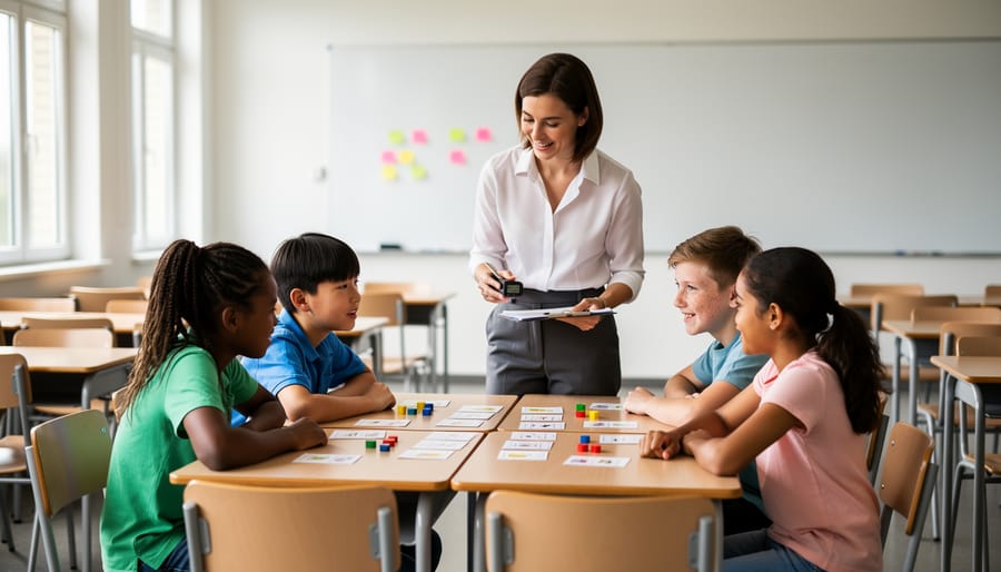 Teacher guiding four students through a tabletop classroom game using cards and colored tokens at a cluster of desks, holding a clipboard and timer, with blurred rows of empty desks and a blank whiteboard with colorful sticky notes in the background.