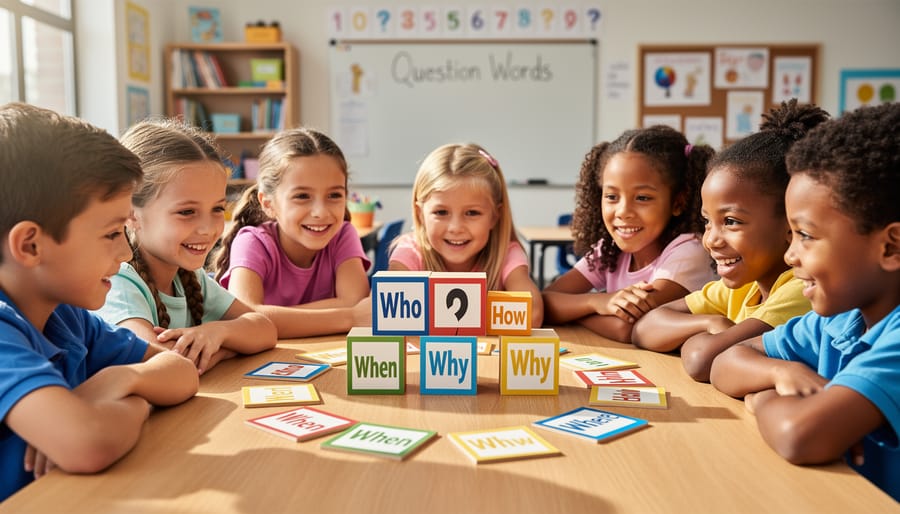 Teacher holding colorful question word flashcards in classroom setting