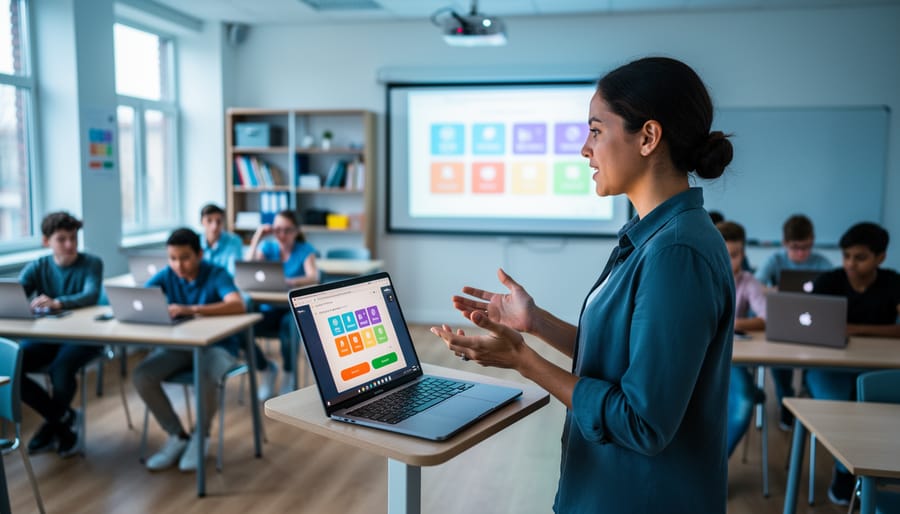 Teacher projecting an interactive quiz from a laptop to a screen while student groups use Chromebooks in a bright, modern classroom, with the projected interface blurred and text-free; shelves and a whiteboard in the background.