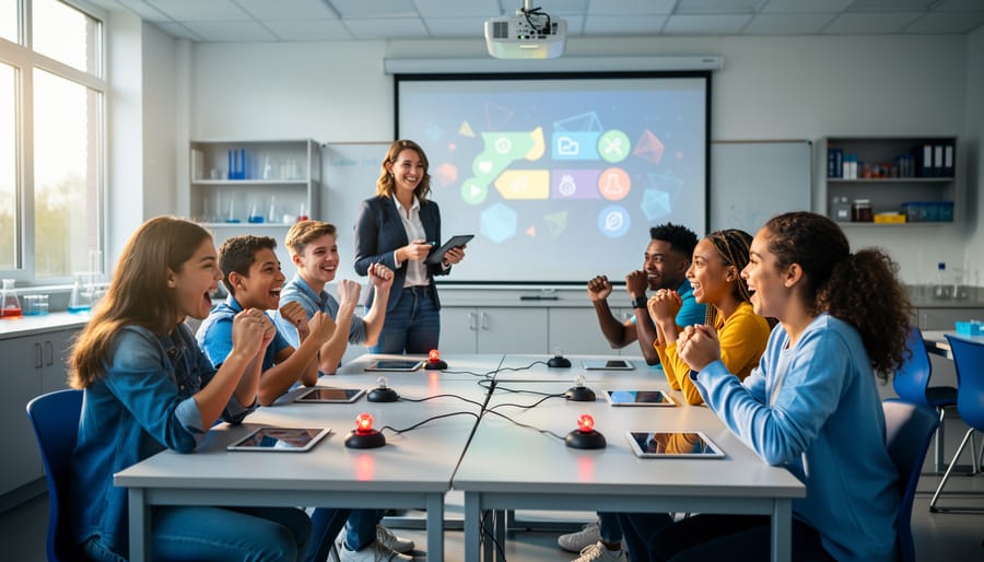 Diverse high school students in teams around classroom tables, hands on buzzers and tablets, celebrating while a teacher hosts a quiz-style challenge; a colorful but unreadable game screen is blurred in the background.