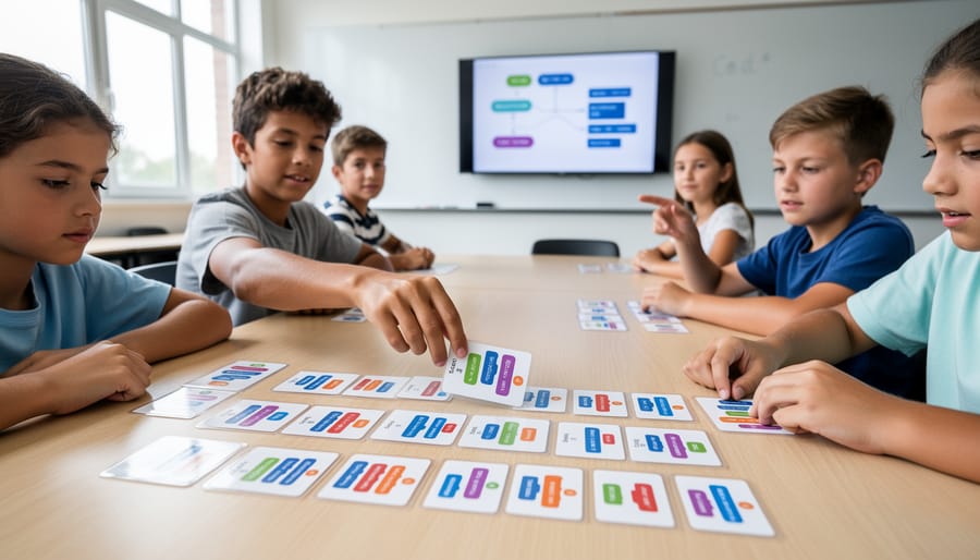 Child's hands arranging colorful directional arrow cards in sequence on table