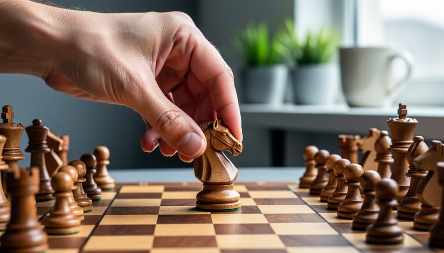 Close-up of a hand hovering a knight over a wooden chessboard in warm natural light, with a softly blurred home workspace in the background.