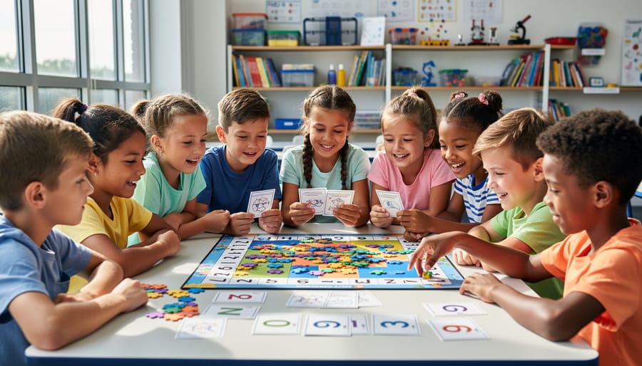 Ten-year-old student engaged with educational tablet game in classroom setting