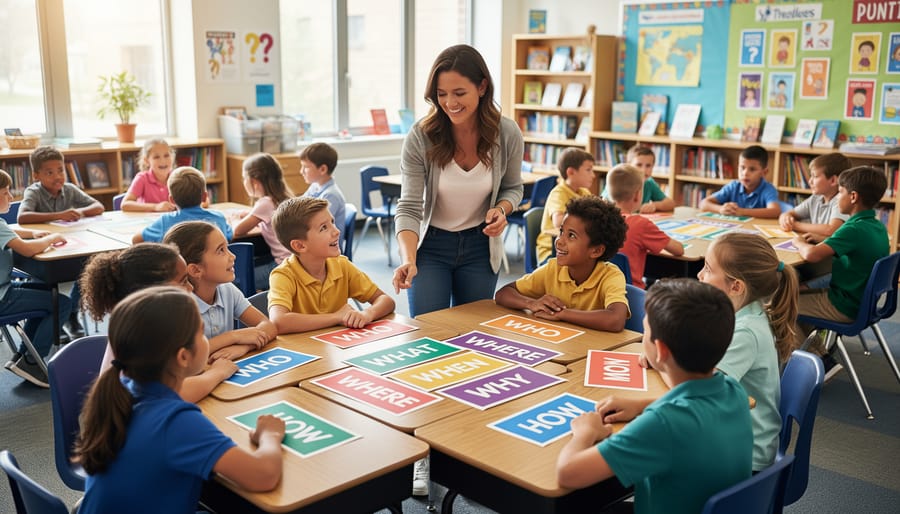 Small group of students collaborating enthusiastically around laptop during educational game