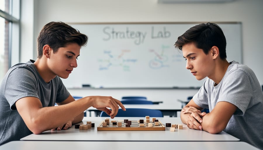Two elementary students playing a strategy board game together at classroom desk