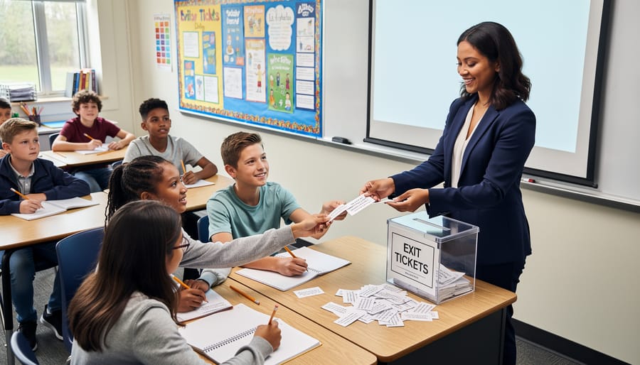 Students placing completed exit tickets into collection basket during end of class routine