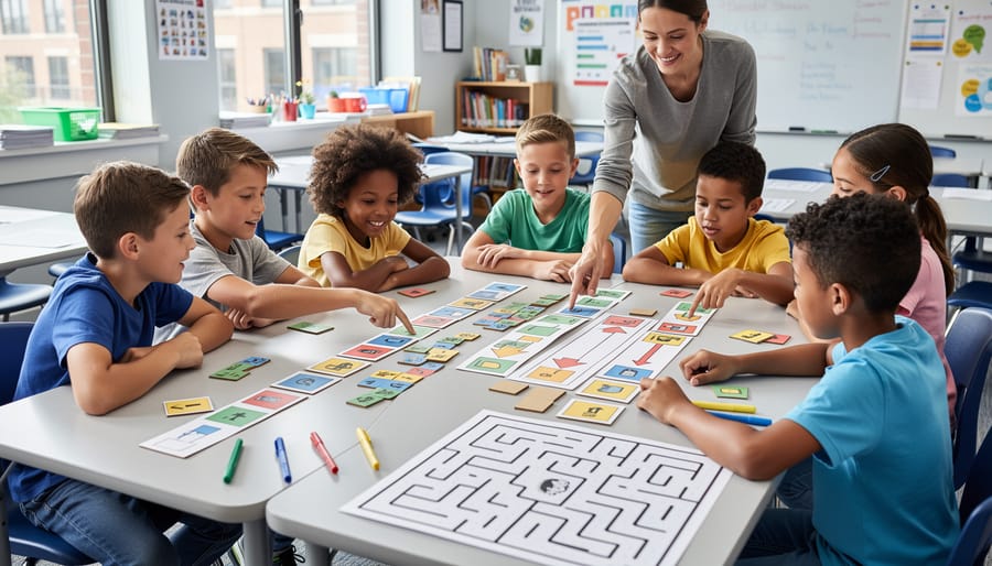 Elementary students playing unplugged coding game with printed cards on classroom floor