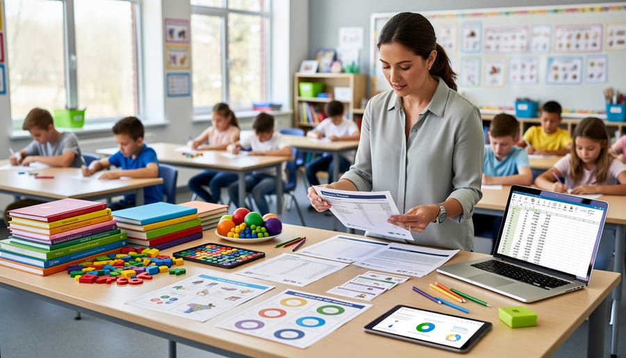 Teacher's hands with calculator, coins, and educational game materials on desk