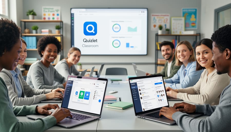 Teacher working on laptop connecting Quizlet with Google Classroom in modern classroom setting