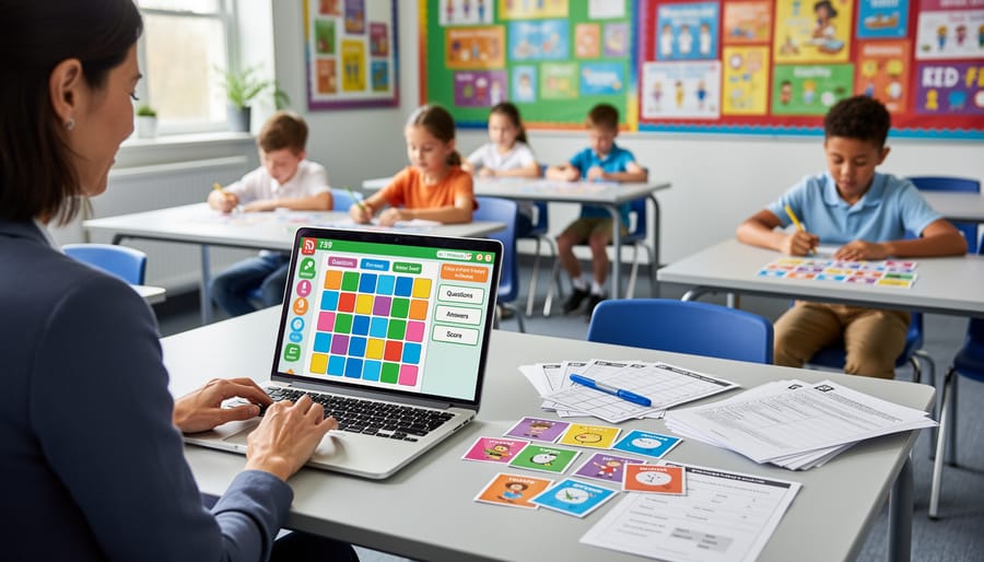 Teacher working on laptop customizing PowerPoint game template at desk