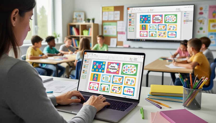 Teacher working on laptop to customize PowerPoint game template at desk