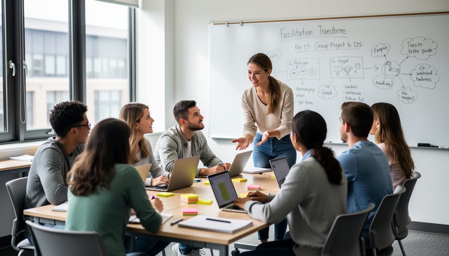 Teacher facilitating student discussion while sitting in circle on classroom floor