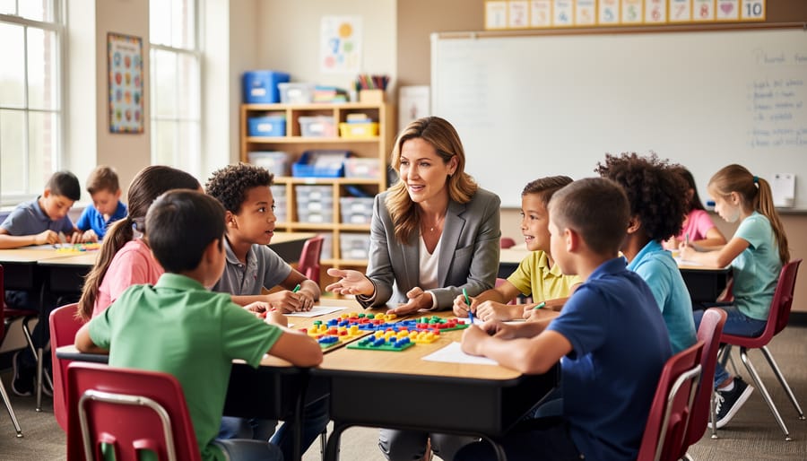 Teacher kneeling beside a small group of diverse students engaged in discussion at a classroom table, with other pairs collaborating in a bright room; soft natural light, blurred shelves, and a blank whiteboard in the background.