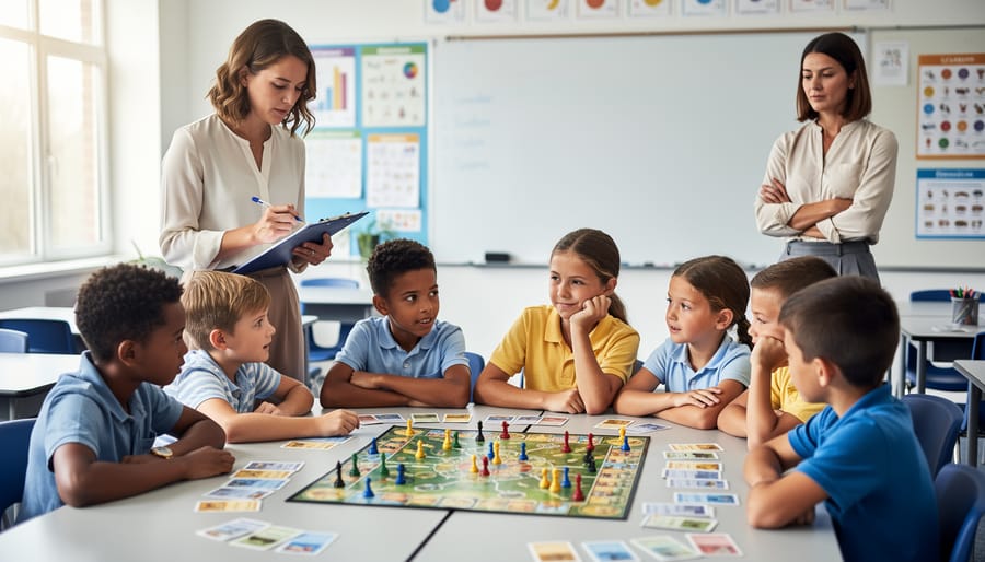 Teacher observing and taking notes while students play educational strategy game