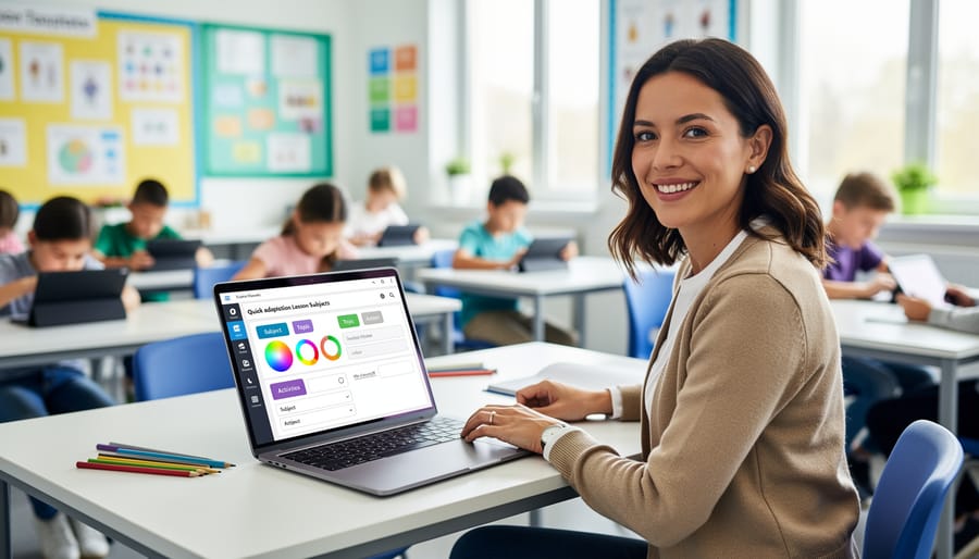 Teacher customizing digital game template on laptop with color and design options