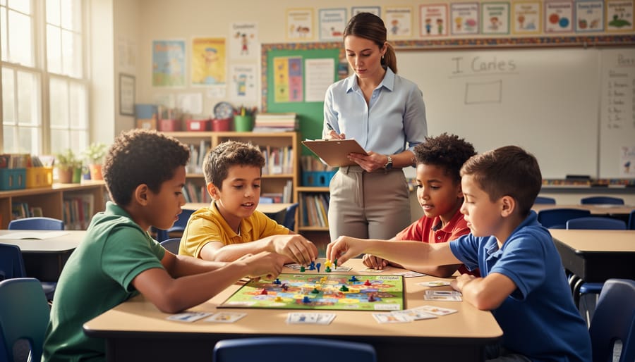Teacher observing small group of elementary students playing educational game on classroom floor