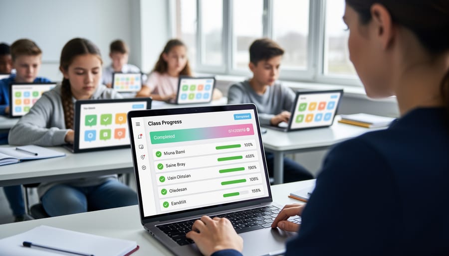 Teacher viewing student progress and completion data on tablet device